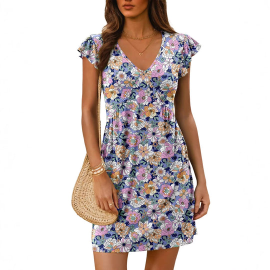 Damen luftiges sommerliches Kleid mit floralem Muster und V-Ausschnitt EB