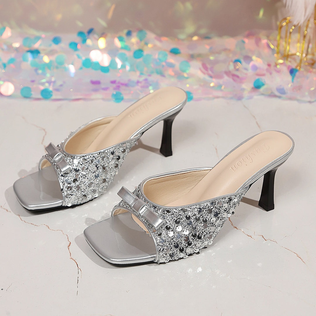 Damen Glamouröse Plateau-Pantoletten mit glitzerndem Obermaterial und dekorativen Details EB
