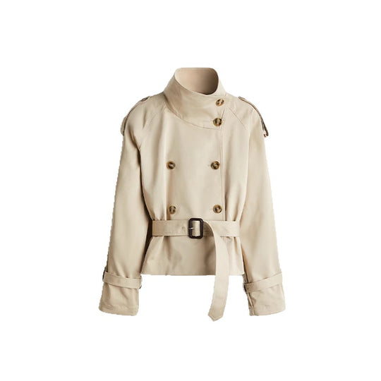 Damen trendige Kurzjacke im modernen Trenchcoat-Stil mit breitem Kragen und Taillengürtel EB