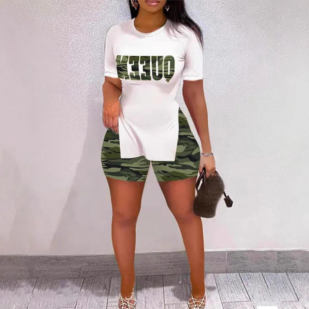 Damen Freizeit-Kombination mit kreativem Tiermuster und bequemen Shorts EB