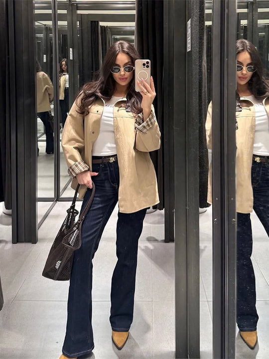 Damen lässige Utility-Jacke mit modischem Karomuster EB
