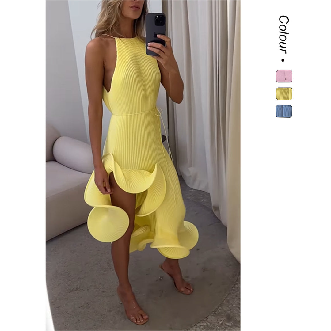 Damen Maxikleid mit asymmetrischem Volant und elegantem Faltenrock EB