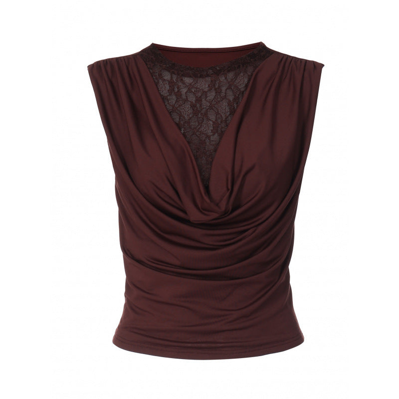 Damen Elegantes Oberteil mit Drapierung und Spitzeneinsatz EB