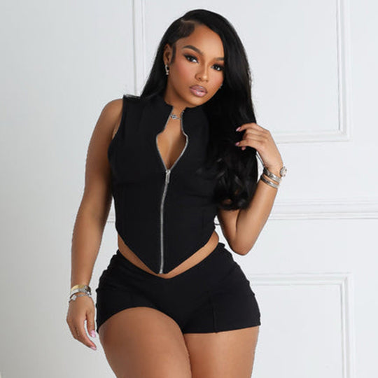 Damen Sportliches Zweiteiler-Set mit tailliertem Oberteil und Shorts EB