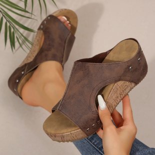 Damen nan Keilsandalette mit Fersenriemen, ergonomischem Fußbett, Korkoptik-Plateau und gepolstertem Zehenbereich EB