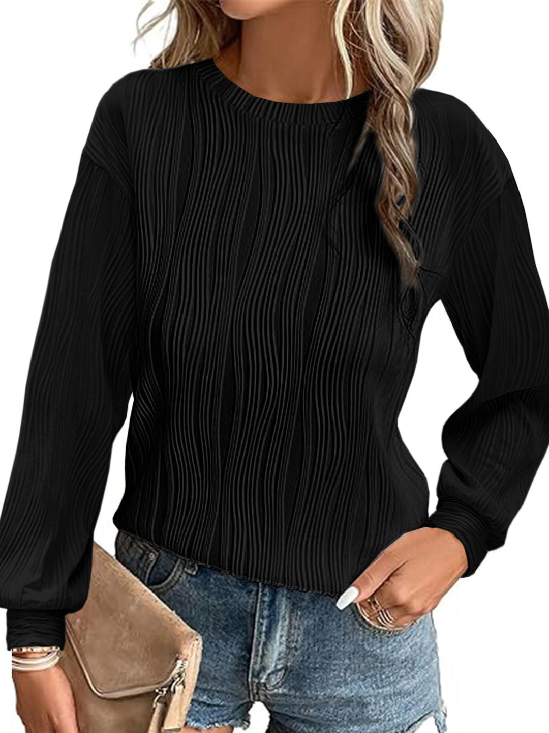 Damen plissierter Langarm-Pullover EB