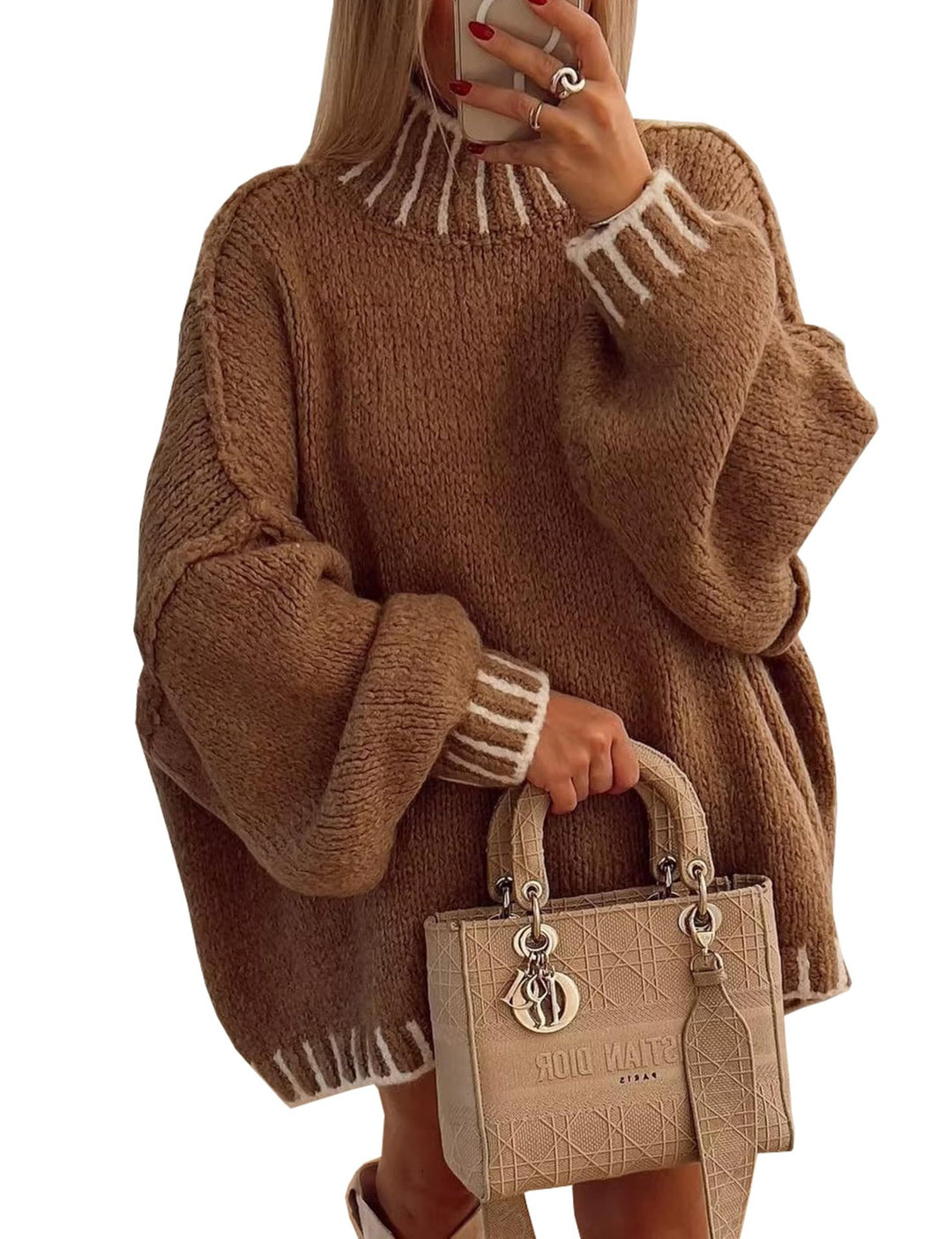 Damen lässiger Grobstrickpullover mit modernem Streifenmuster EB