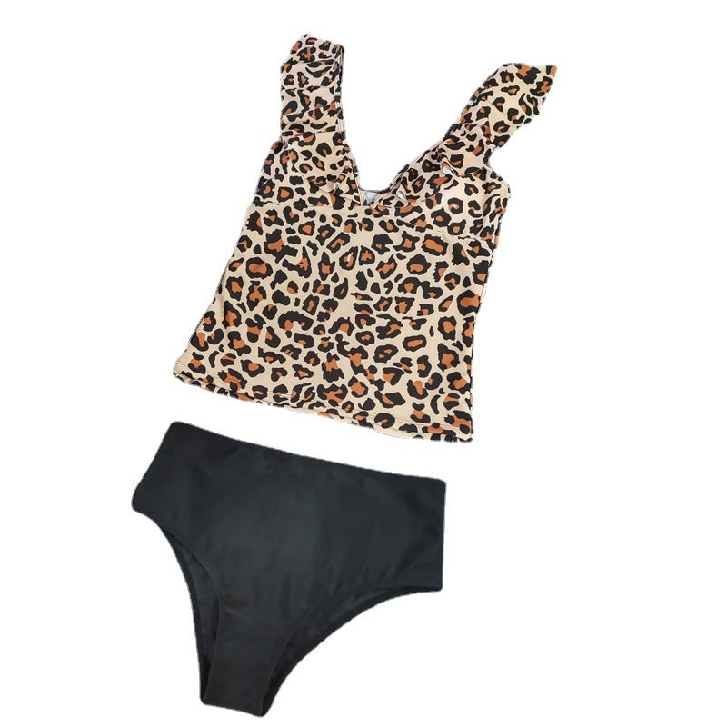 Damen Eleganter Badeanzug mit Leopardenmuster und Rüschendetails EB