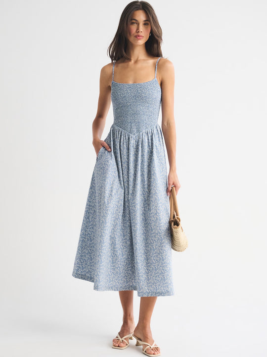 Damen Maxikleid mit floralem Design und elastischem Bund EB