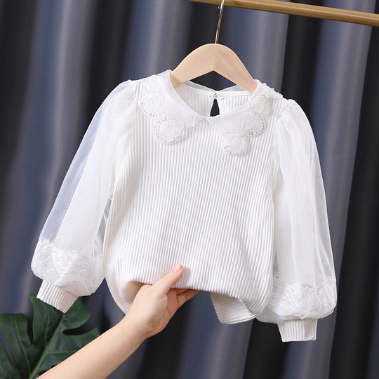 Mädchen Bluse mit Spitzenakzenten und transparenten Ärmeln EB