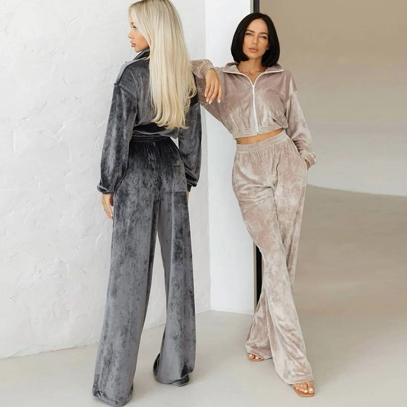 Damen Samt-Loungewear-Set mit kurzem Reißverschluss und geraffter Taillenpartie EB