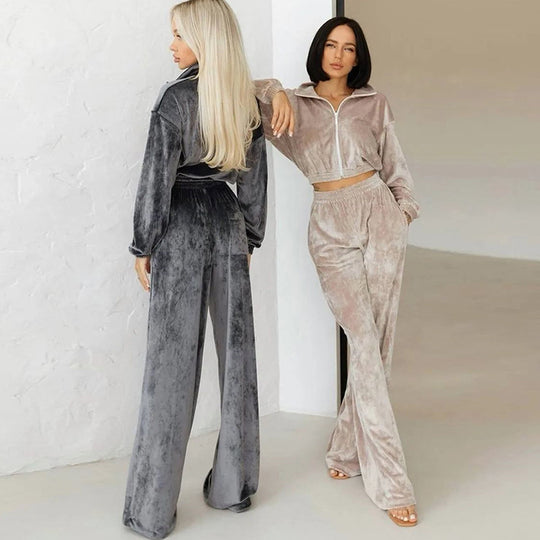 Damen Samt-Loungewear-Set mit kurzem Reißverschluss und geraffter Taillenpartie EB