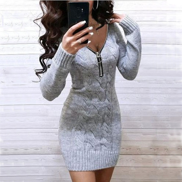 Damen Strickkleid mit dekorativem Reißverschluss und feinem Kabelmuster EB