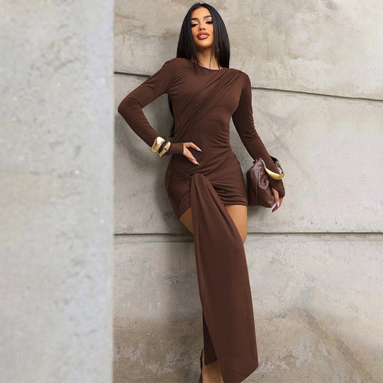 Damen Wickelkleid mit raffinierter Drapierung und langen Ärmeln EB