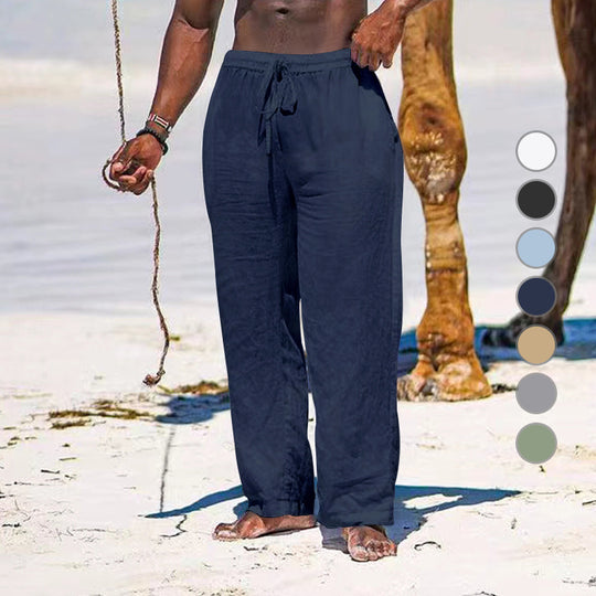 Herren lässige Strandhose aus leichtem Leinenstoff mit elastischem Bund und Kordelzug EB