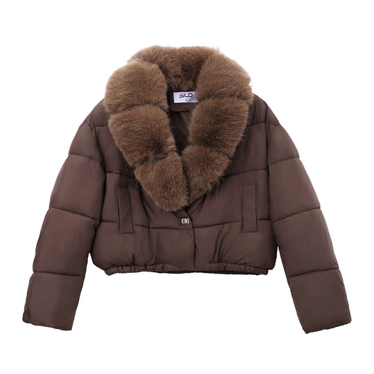 Damen nan cropped Isolationsjacke mit voluminösem Kunstpelz-Schalkragen und elastischem Saum EB