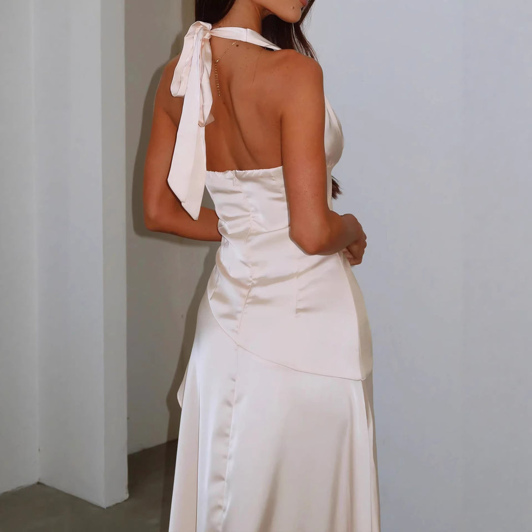 Damen elegantes Wickelkleid mit asymmetrischem Schnitt und Halterhals EB