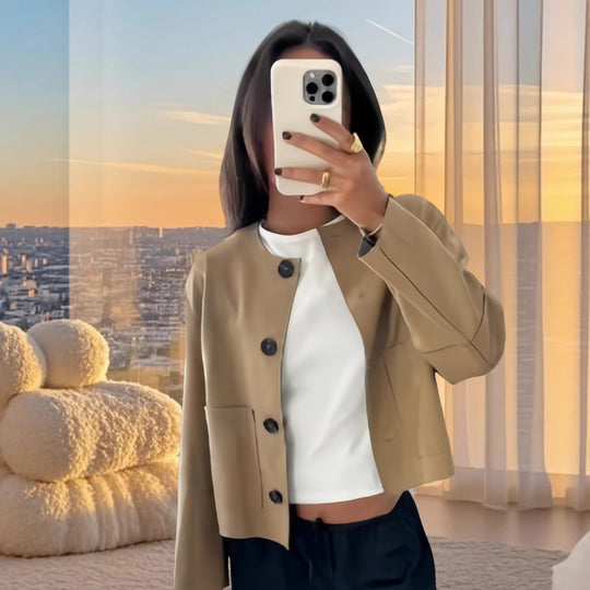 Damen modische Kurzjacke mit eleganten Knopfdetails und praktischen Taschen EB