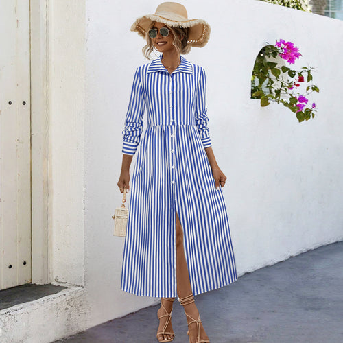 Damen Midi-Kleid mit eleganten Streifen und strukturierter Knopfleiste EB