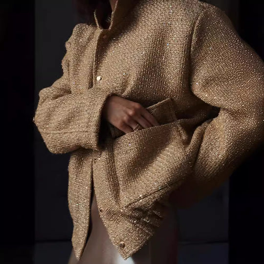 Damen Glamouröse Glitzerjacke mit oversized Schnitt und modischen Taschen EB