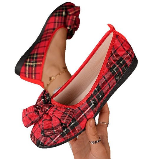 Damen  karierter Ballerina Slipper mit dekorativer Schleife und gepolstertem Komfortfußbett EB