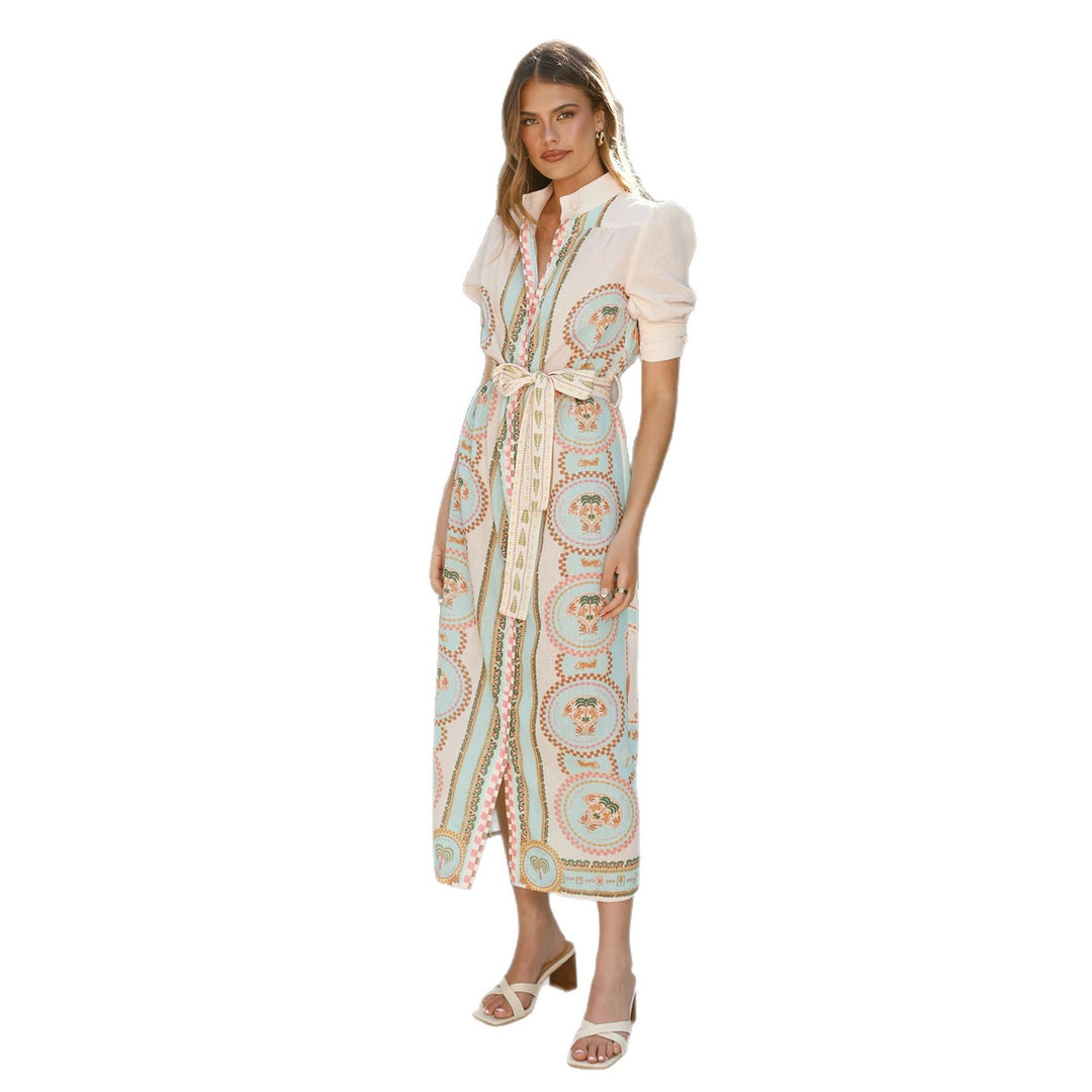 Damen Maxikleid mit raffiniertem Muster und Taillenschnürung EB