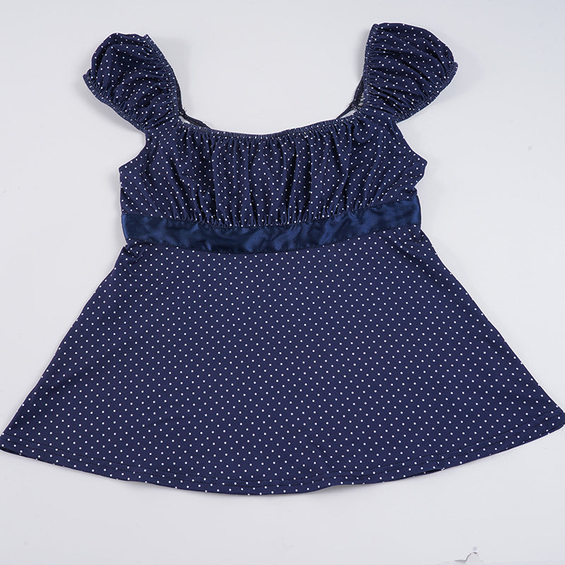 Damen luftiges Polka-Dots Blusenshirt mit schickem Rüschenkragen EB