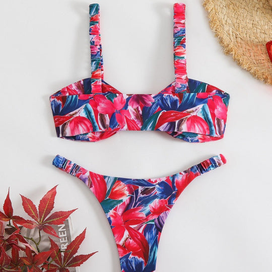 Damen Triangel-Bikini mit tropischem Druck und zarten Rüschen EB