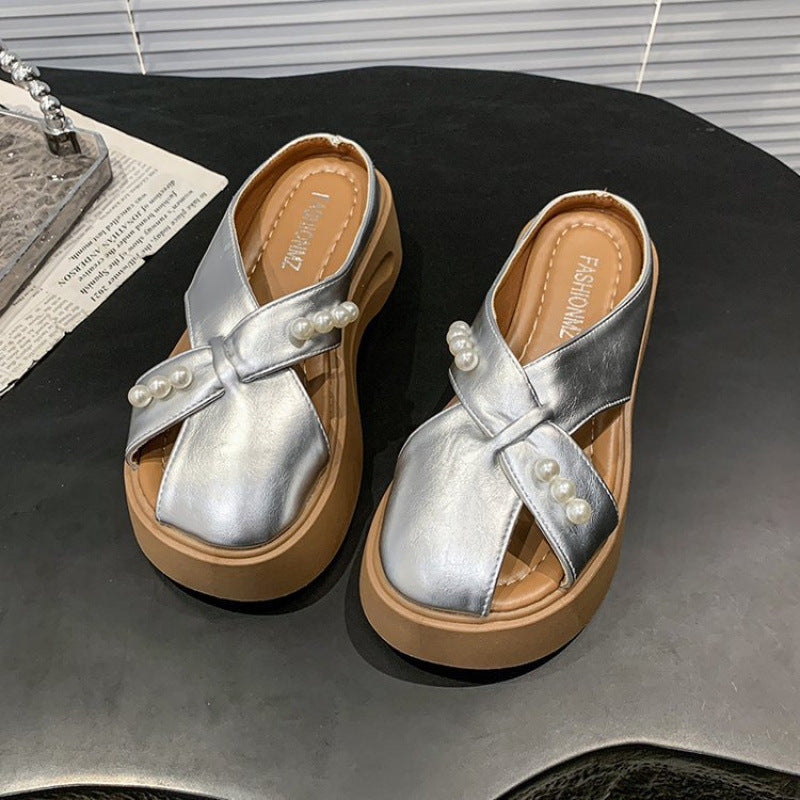 Damen Modische Plateau-Sandalen mit Perlenschmuck EB