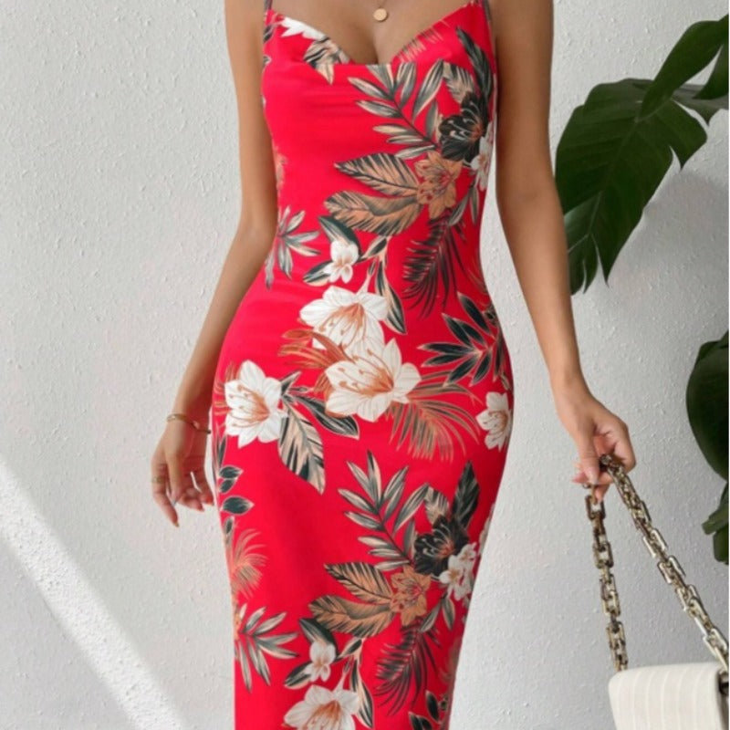 Damen Sommerliches Etuikleid mit floralem Design und Spaghetti-Trägern EB