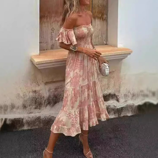 Damen Off-Shoulder Maxikleid mit Rüschendetails und elastischem Taillenband EB
