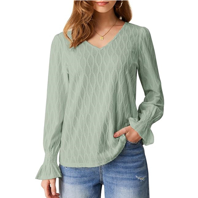 Damen modische V-Ausschnitt Bluse mit raffinierten Rüschendetails EB