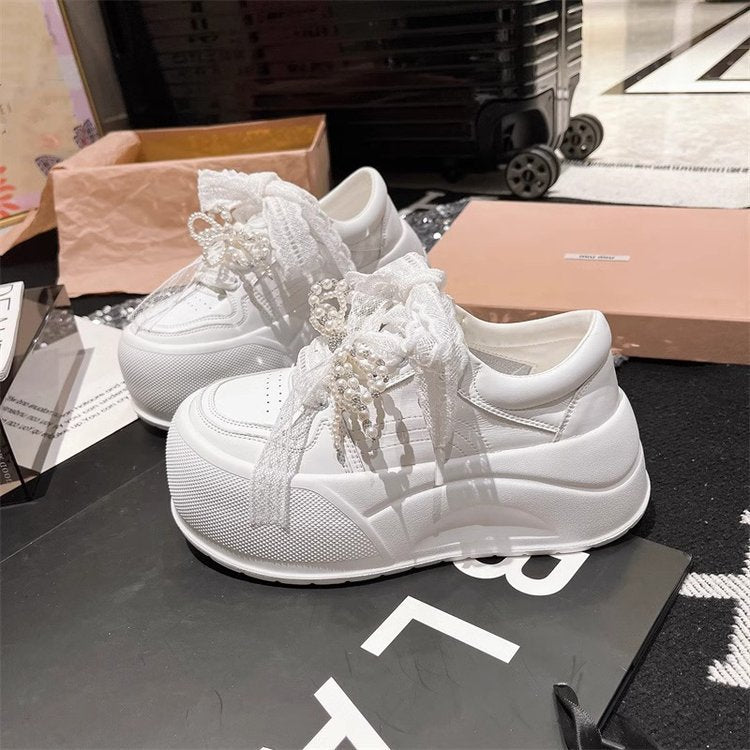 Damen modische Plateau-Sneaker mit dekorativem Schleifendetail und eleganter Schnürung EB