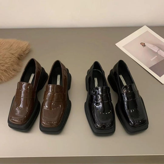 Damen Edle Lackleder-Ballerinas mit breitem Blockabsatz EB