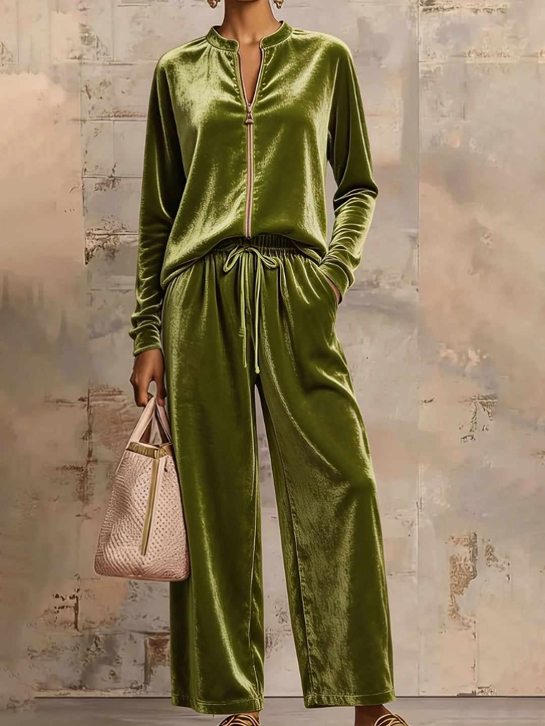 Damen nan samtiges Lounge-Set mit Stehkragen Reißverschlussoberteil und Kordelbundhose EB