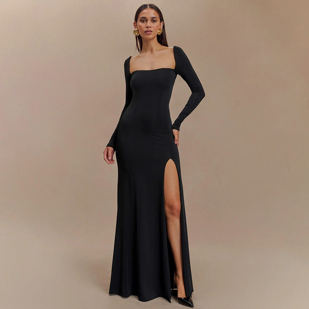 Damen Elegantes Maxikleid mit tiefem Schlitz und langen Ärmeltechnik EB
