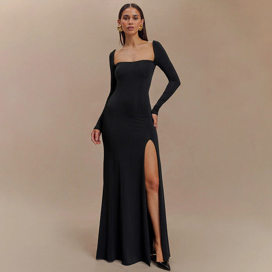 Damen Elegantes Maxikleid mit tiefem Schlitz und langen Ärmeltechnik EB