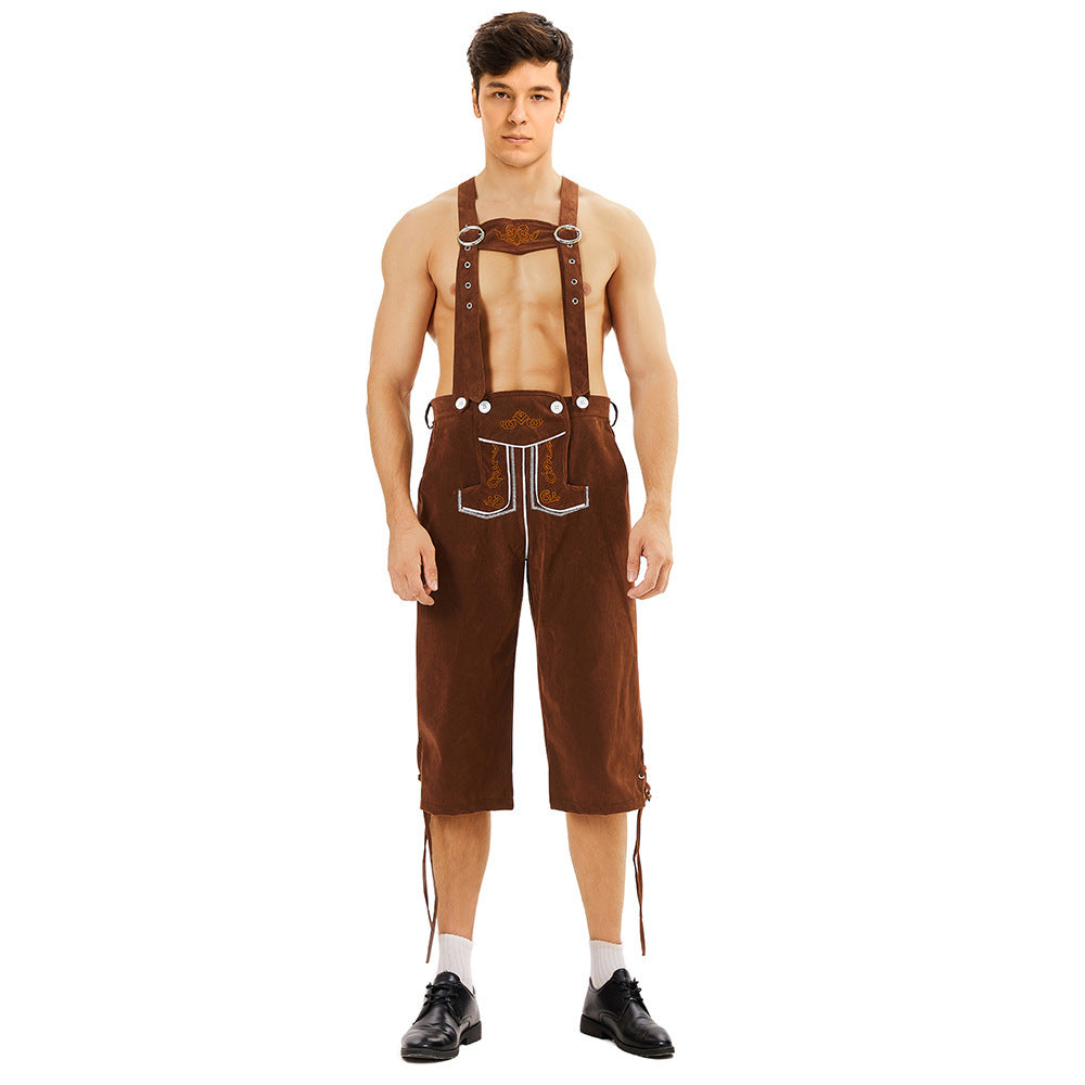 Herren nan knielange Wildlederimitat Lederhose mit detaillierter Stickerei EB