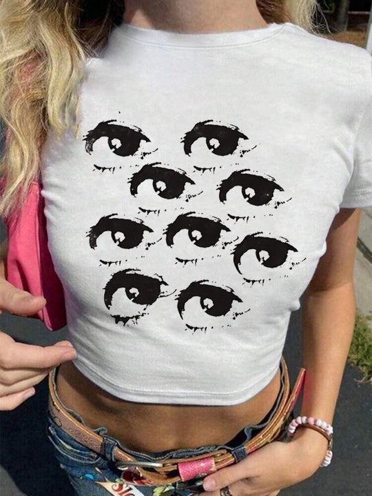 Damen Crop-T-Shirt mit kreativem Augenmotiv EB