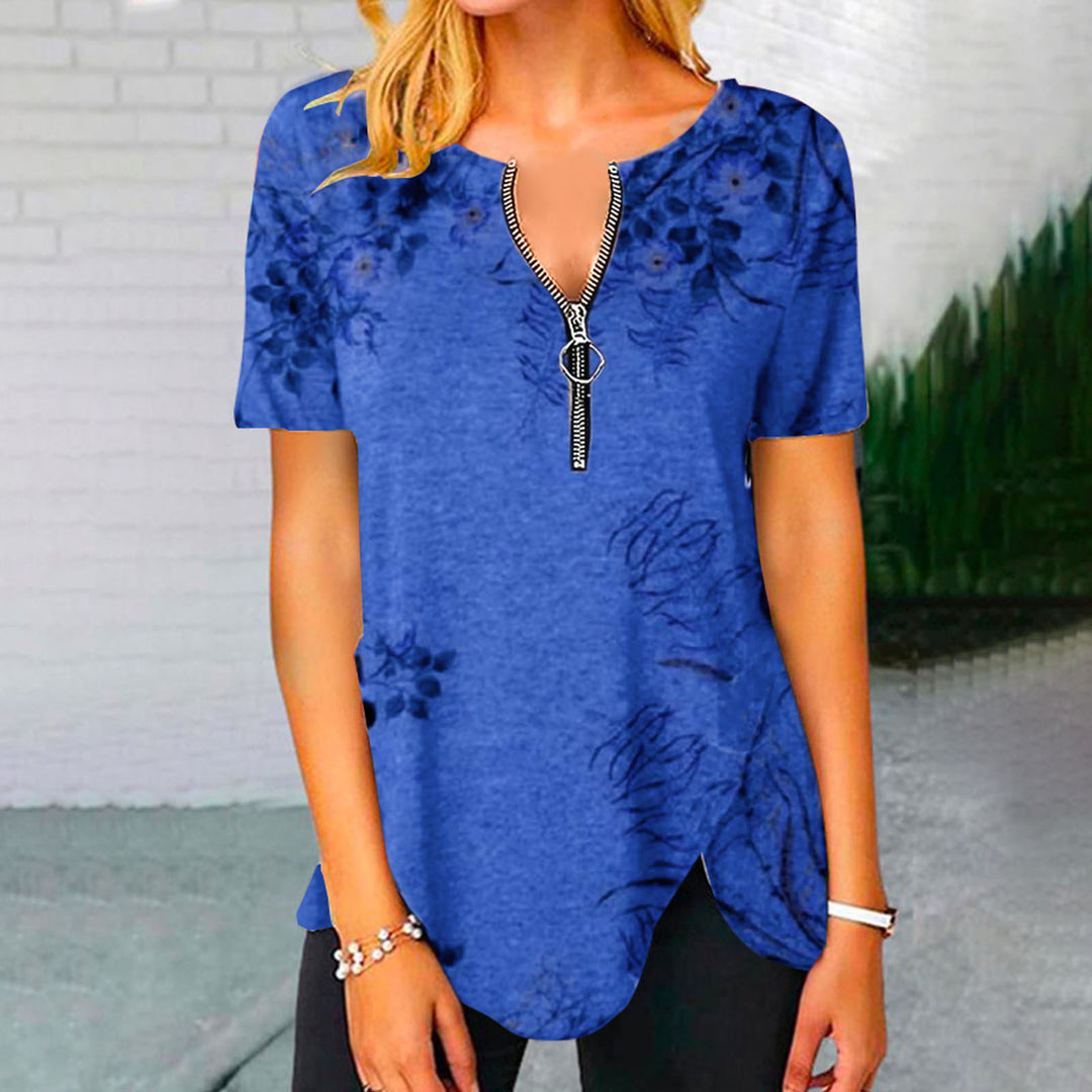 Damen T-Shirt mit halbgeschlossenem Reißverschluss und floralem Muster EB