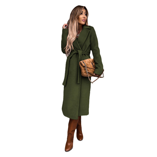 Damen Eleganter Wollmantel mit Taillengürtel und Schlitzdetails EB