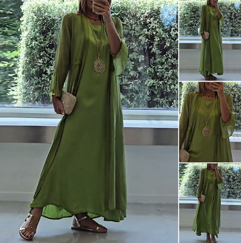 Damen nan doppellagiges Abendmaxikleid mit transparentem Überwurf, geschmeidigem Innenkleid, Taillenbändern und Trompetenärmeln EB