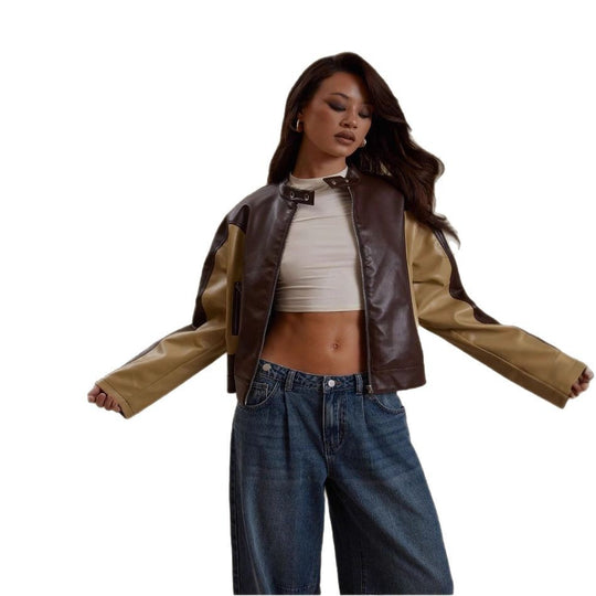 Damen modische Kunstlederjacke mit kontrastierenden Ärmeln EB