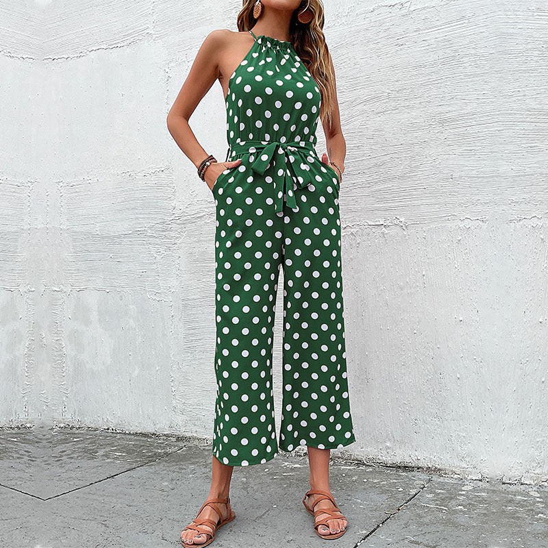 Damen eleganter Jumpsuit mit verstellbarem Bindegürtel und modischem Punkte-Design EB