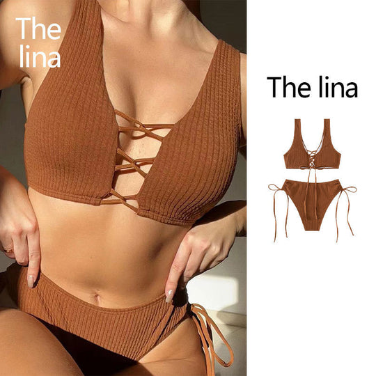 Damen Bikiniset mit raffiniertem Bindedesign und hochgeschnittenem Unterteil EB