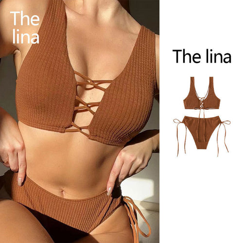 Damen Bikiniset mit raffiniertem Bindedesign und hochgeschnittenem Unterteil EB