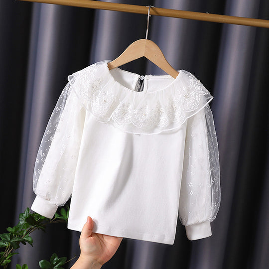 Mädchen Bluse mit floralem Tüllkragen und eleganten Puffärmeln EB
