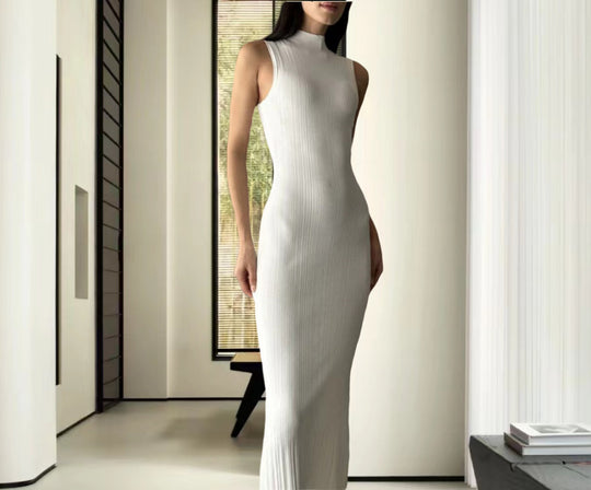 Damen figurbetontes Maxikleid mit hohem Kragen und elegantem Rippmuster EB
