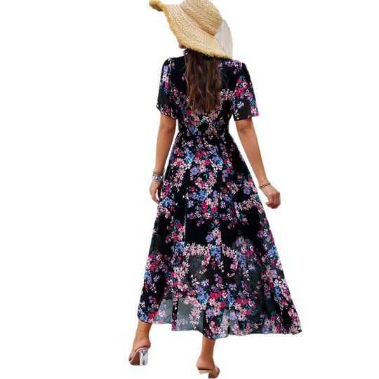 Damen Maxikleid mit floralen Details und elastischem Taillenbund EB
