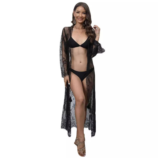 Damen transparenter Strandüberwurf mit aufwendiger Häkelspitze EB